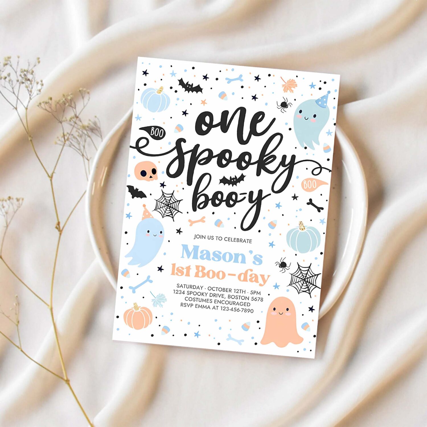 Editable one spooky boo y cute blue ghost 1st birthday party invitation cute boy ghost 1st birthday spooktacular party instant download dw 1