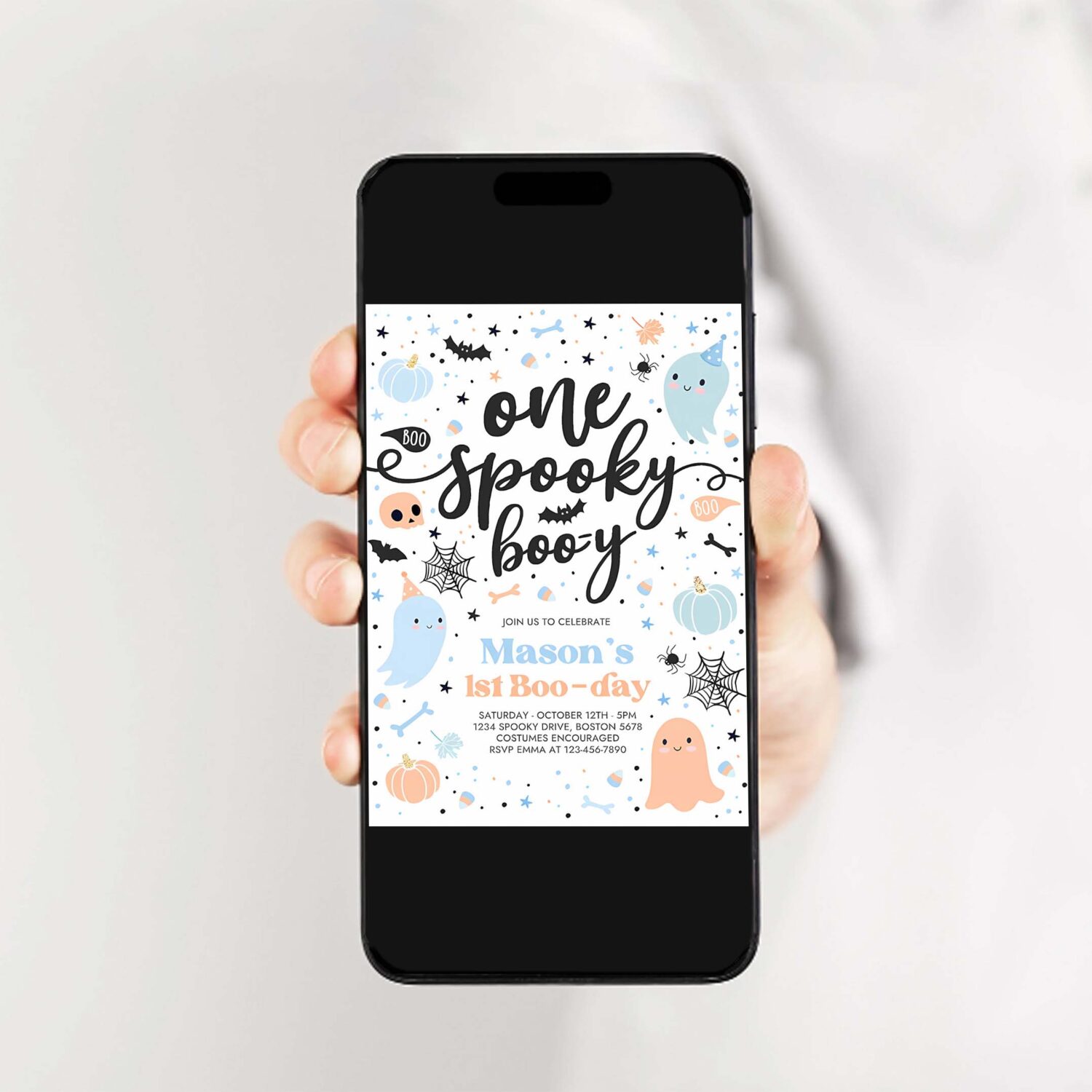 Editable one spooky boo y cute blue ghost 1st birthday party invitation cute boy ghost 1st birthday spooktacular party instant download dw 2