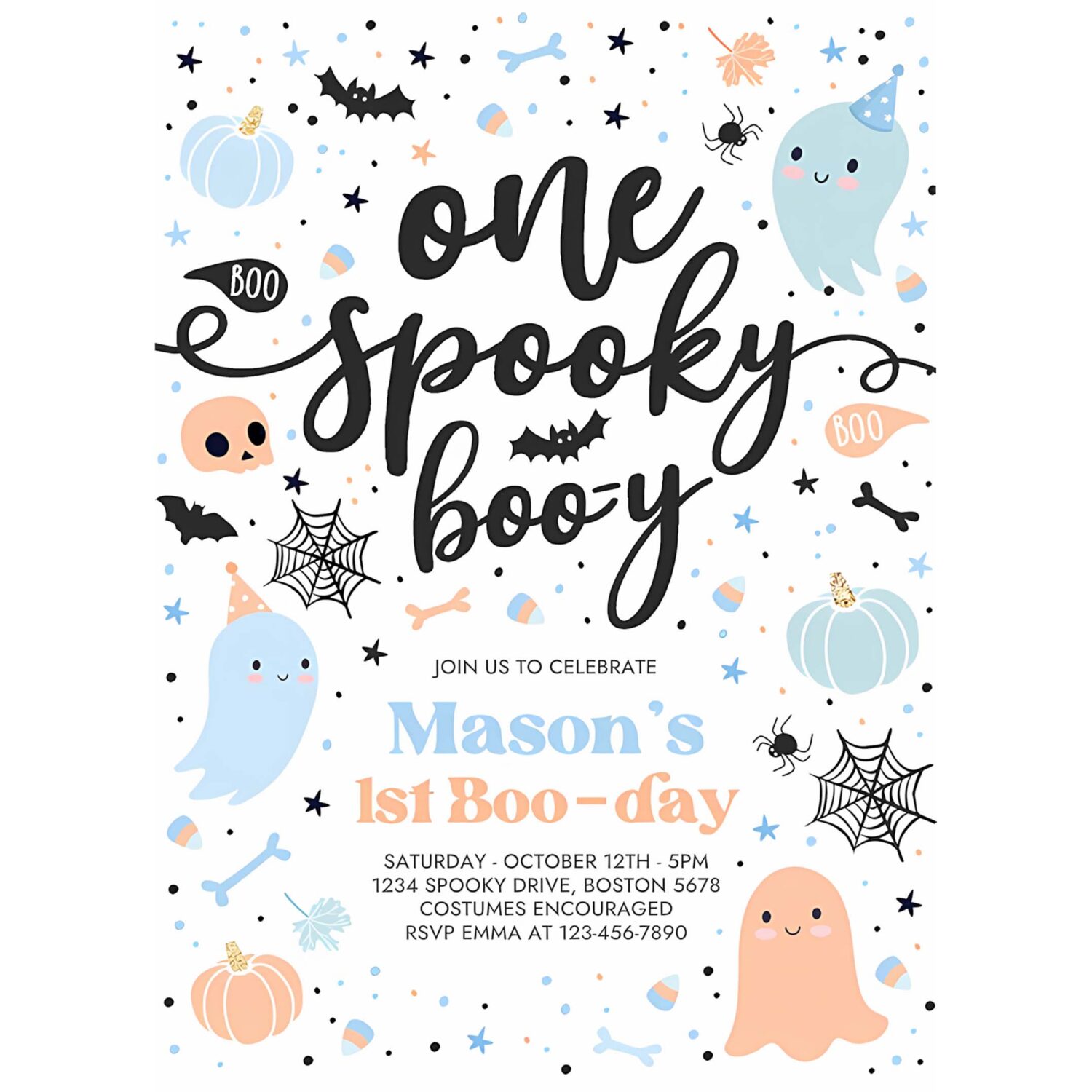 Editable one spooky boo y cute blue ghost 1st birthday party invitation cute boy ghost 1st birthday spooktacular party instant download dw 4