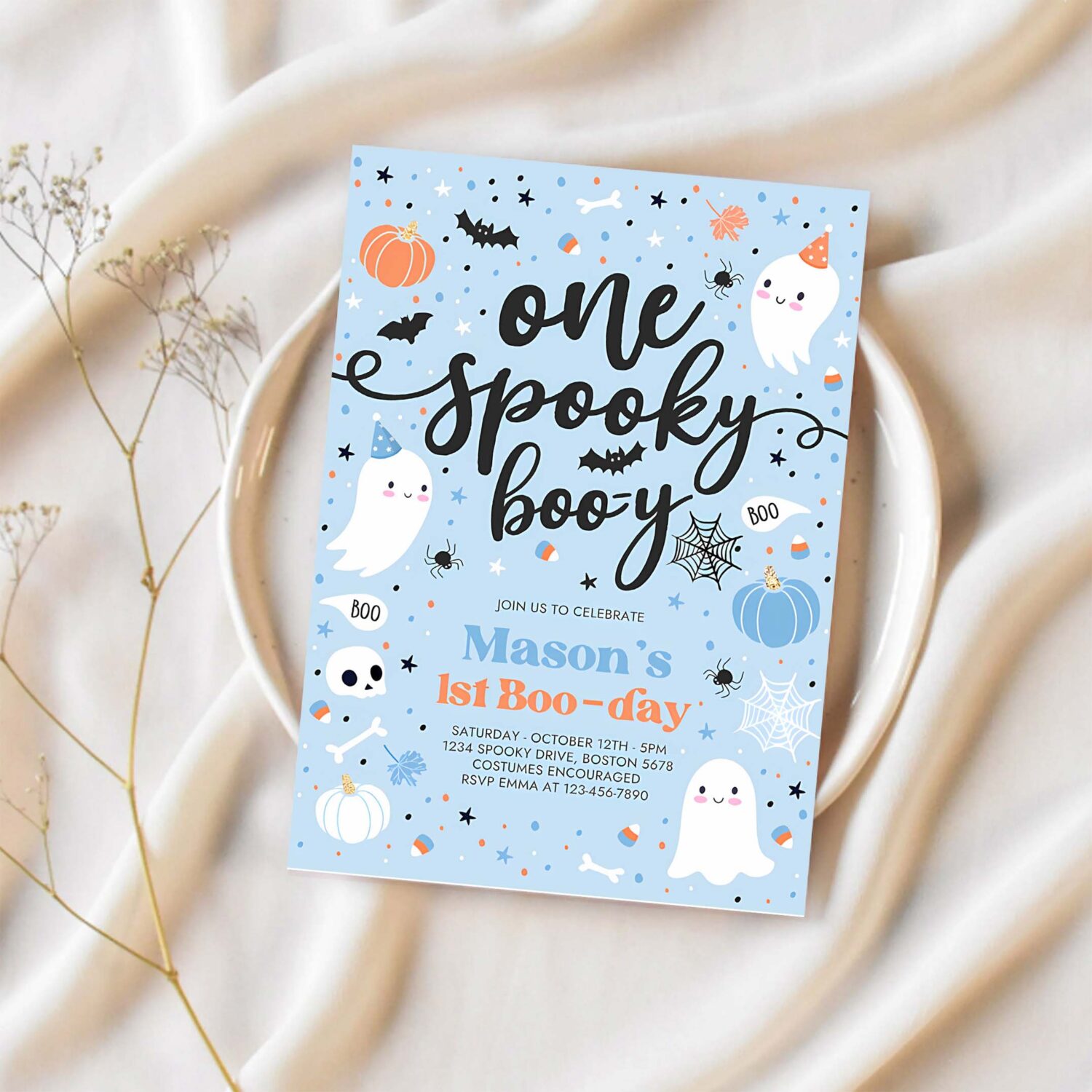 Editable one spooky boo y cute blue ghost 1st party invitation cute boy ghost 1st birthday spooktacular party instant download dw 1