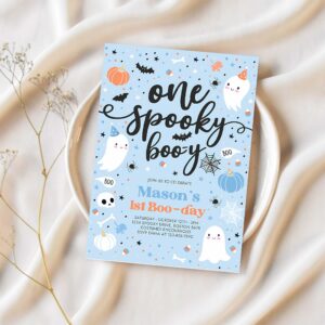 Editable one spooky boo y cute blue ghost 1st party invitation cute boy ghost 1st birthday spooktacular party instant download dw 1