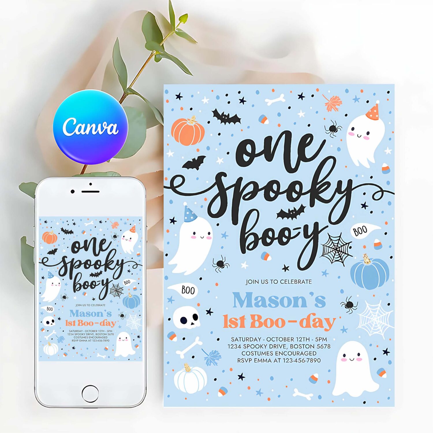 Editable one spooky boo y cute blue ghost 1st party invitation cute boy ghost 1st birthday spooktacular party instant download dw