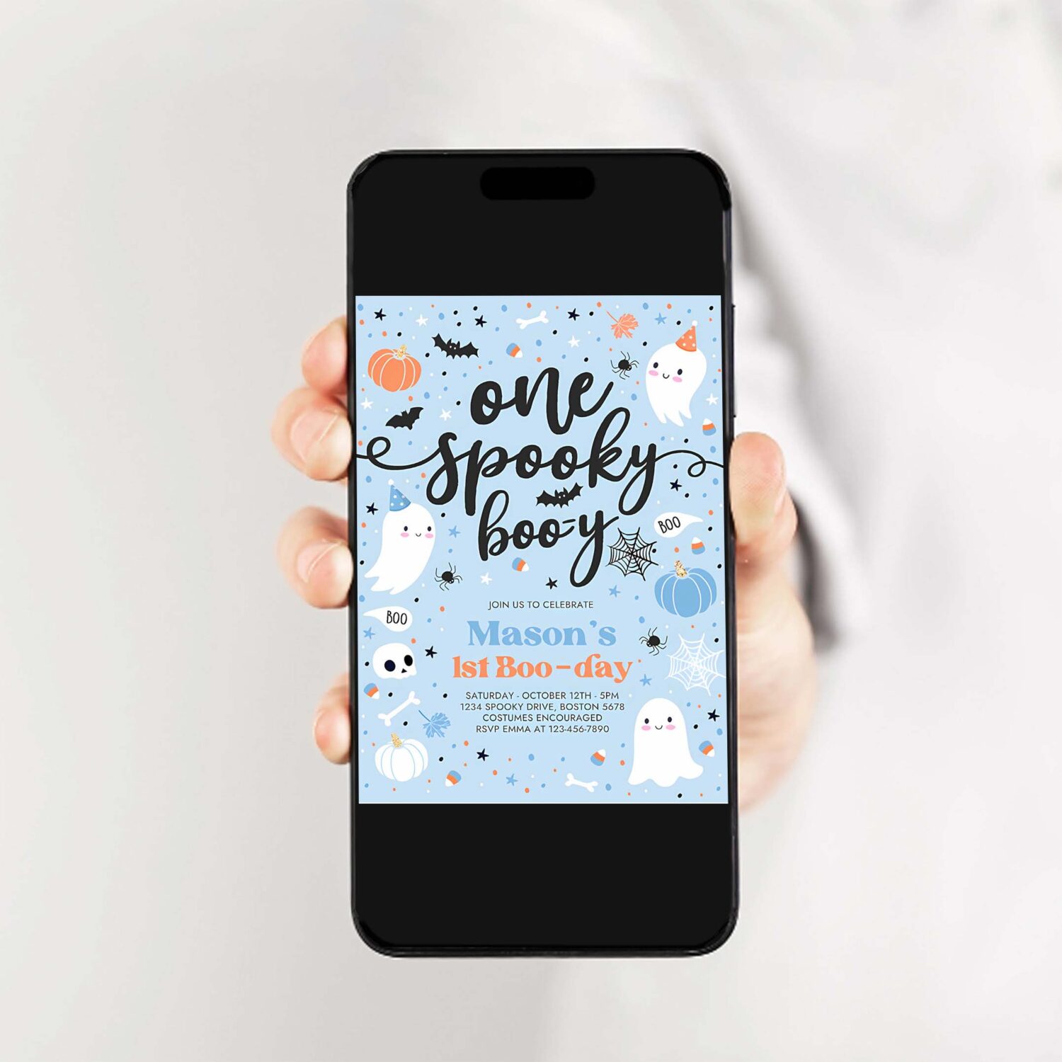 Editable one spooky boo y cute blue ghost 1st party invitation cute boy ghost 1st birthday spooktacular party instant download dw 2