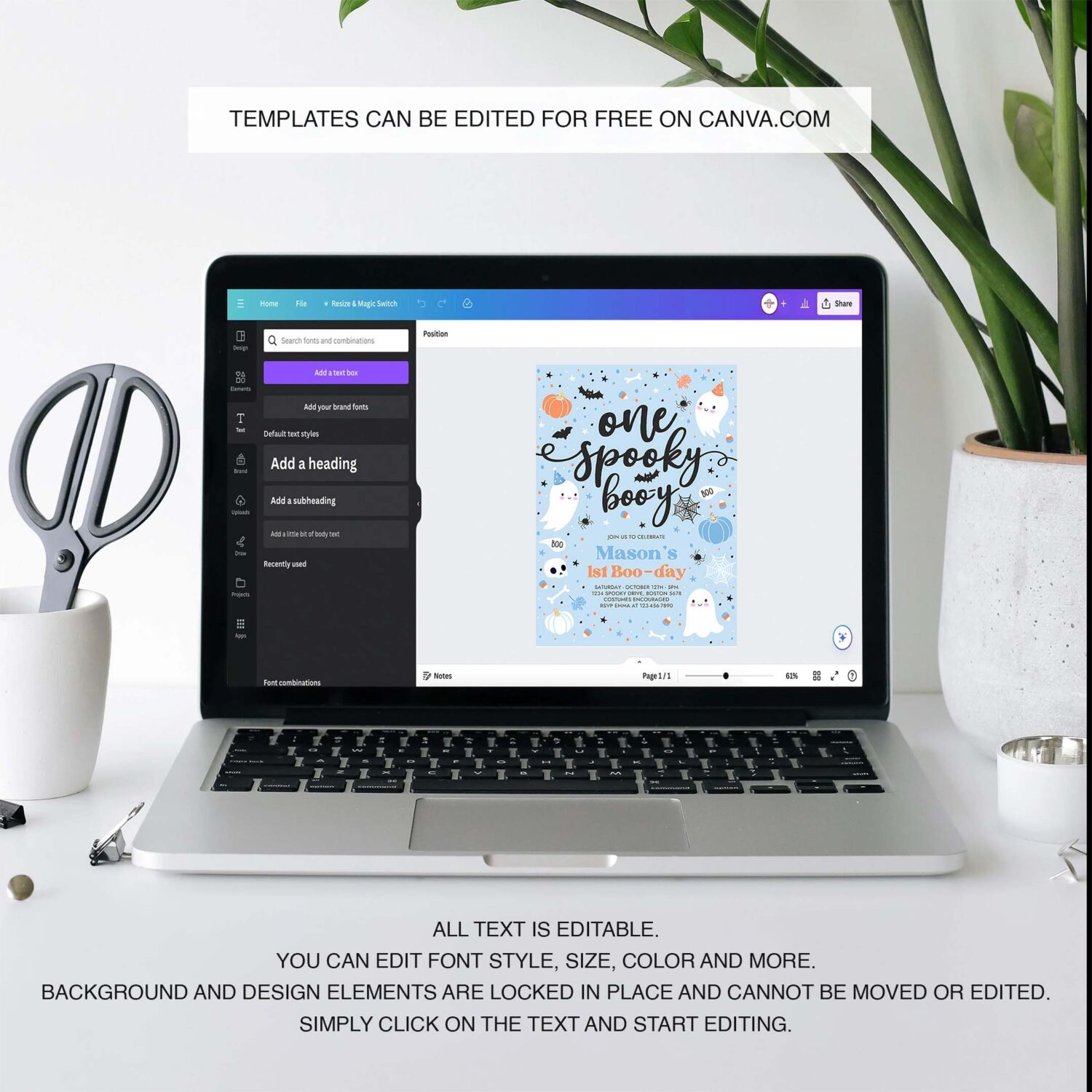 Editable one spooky boo y cute blue ghost 1st party invitation cute boy ghost 1st birthday spooktacular party instant download dw 3