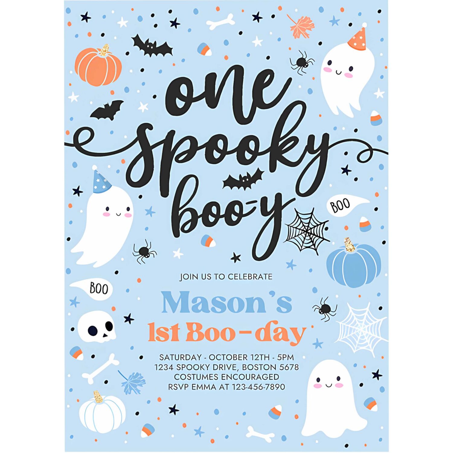 Editable one spooky boo y cute blue ghost 1st party invitation cute boy ghost 1st birthday spooktacular party instant download dw 4