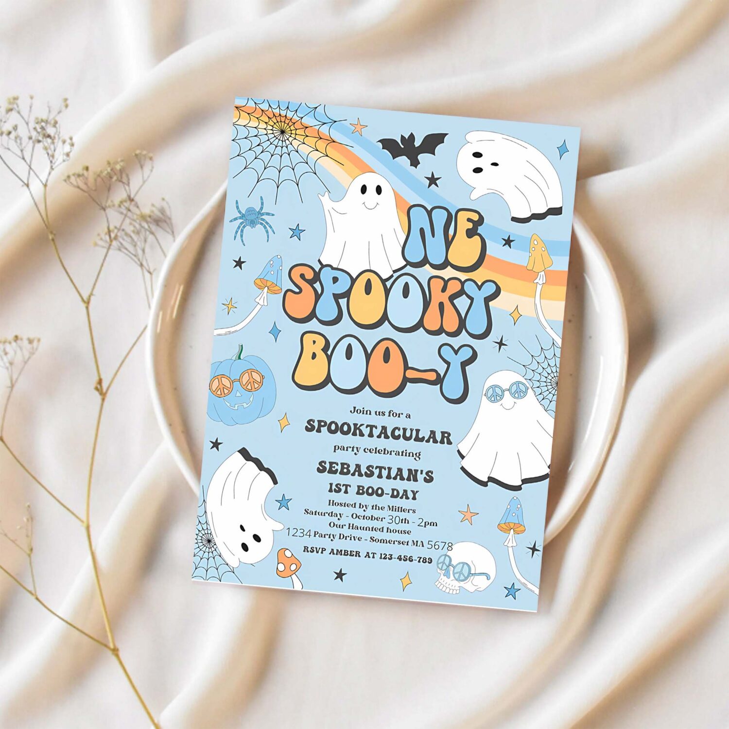 Editable one spooky boo y halloween ghost 1st birthday invitation retro groovy ghost birthday hippie halloween party instant download v1 1