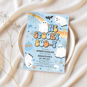 Editable one spooky boo y halloween ghost 1st birthday invitation retro groovy ghost birthday hippie halloween party instant download v1 1