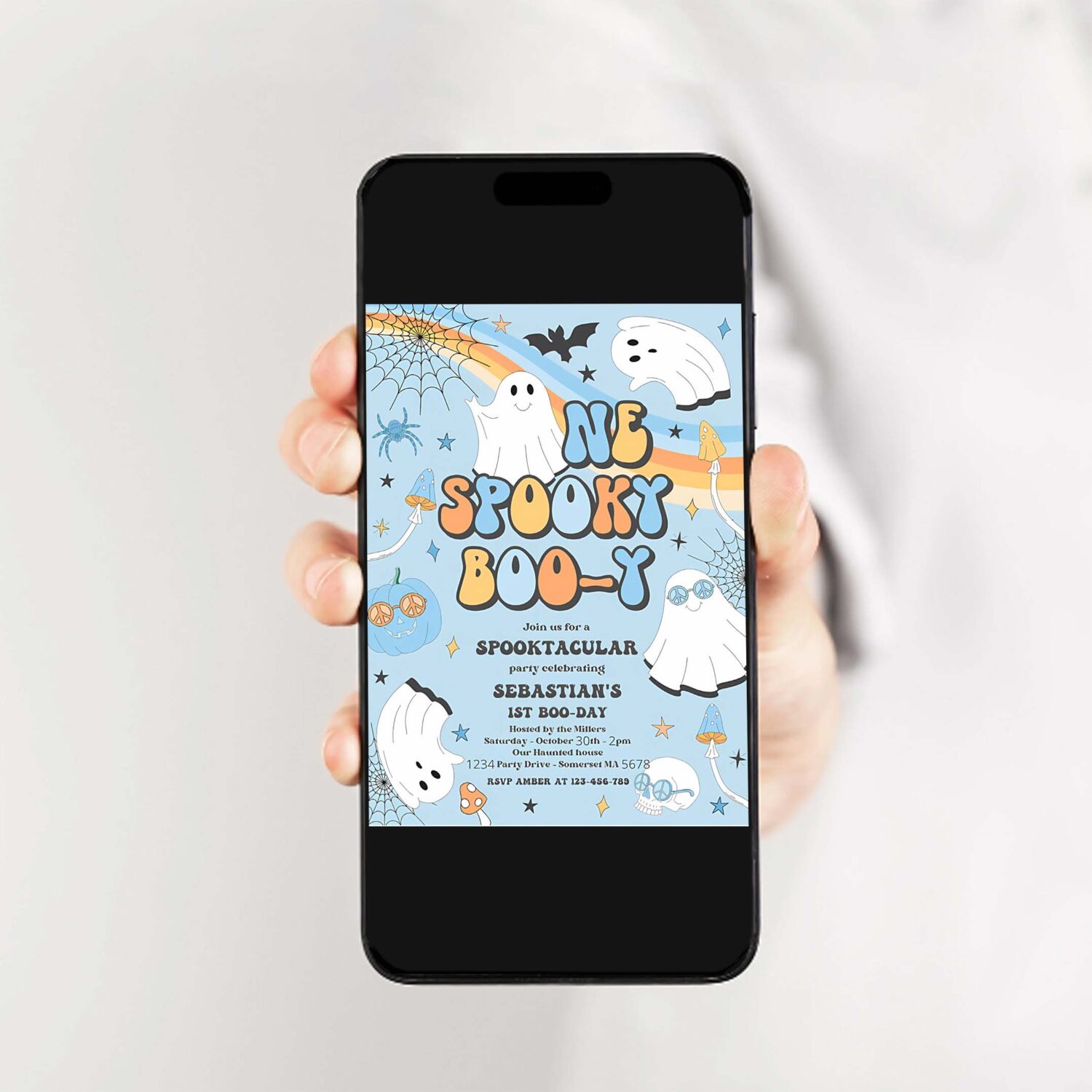 Editable one spooky boo y halloween ghost 1st birthday invitation retro groovy ghost birthday hippie halloween party instant download v1 2