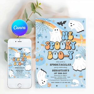 One Spooky Invitation, One Spooky Boo-y Halloween Ghost 1st Birthday Invitation Retro Groovy Ghost Birthday Hippie Halloween Party