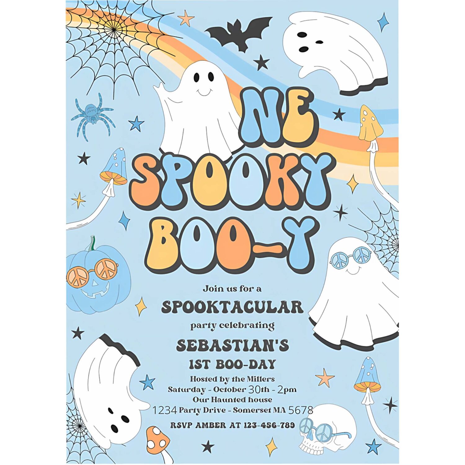 Editable one spooky boo y halloween ghost 1st birthday invitation retro groovy ghost birthday hippie halloween party instant download v1 4