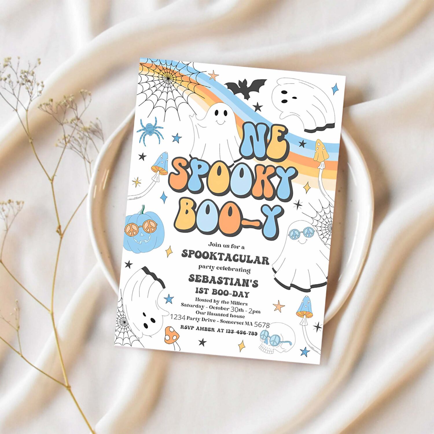 Editable one spooky boo y halloween ghost 1st birthday invitation retro groovy ghost birthday hippie halloween party instant download vaq 1