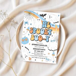 Editable one spooky boo y halloween ghost 1st birthday invitation retro groovy ghost birthday hippie halloween party instant download vaq 1
