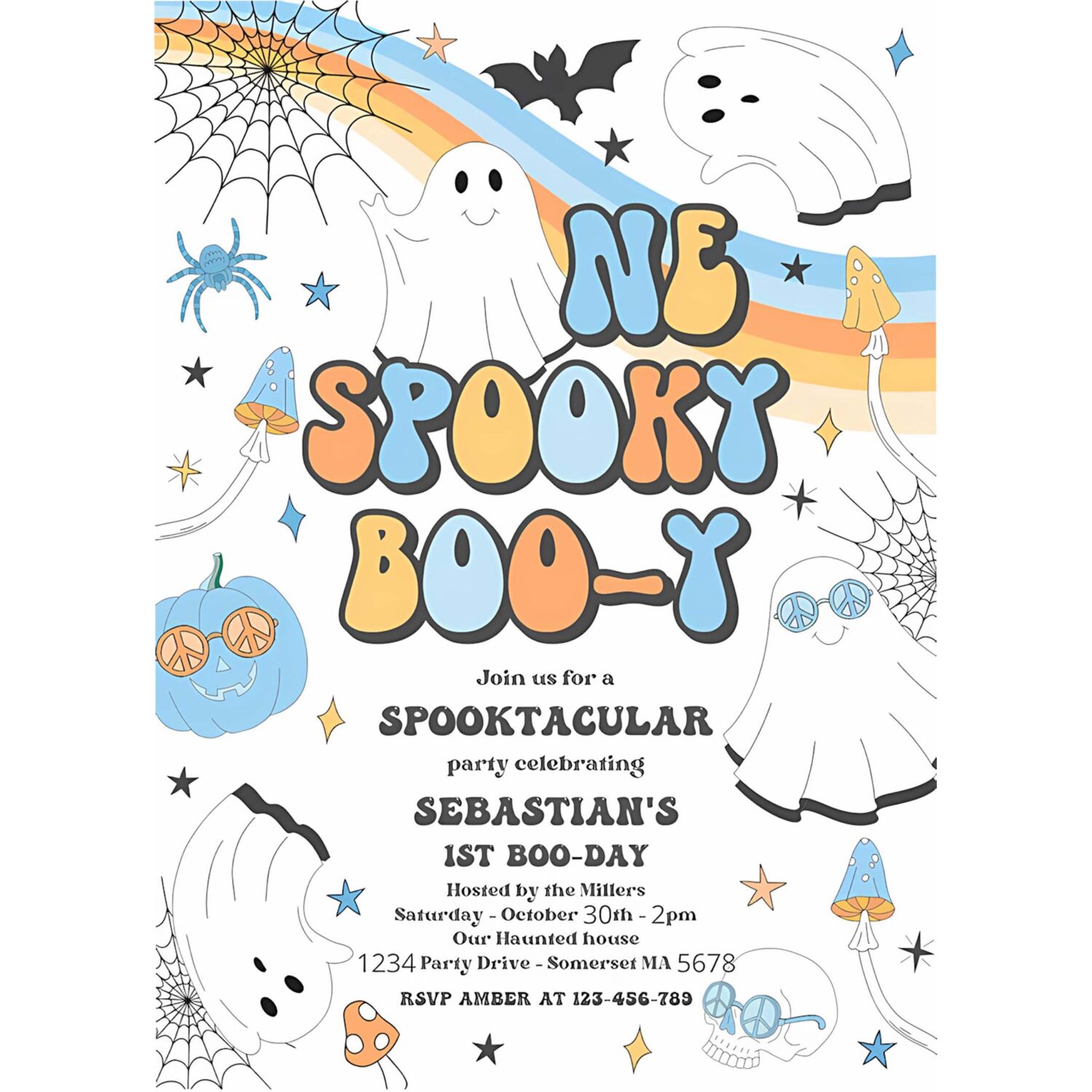 Editable one spooky boo y halloween ghost 1st birthday invitation retro groovy ghost birthday hippie halloween party instant download vaq 4