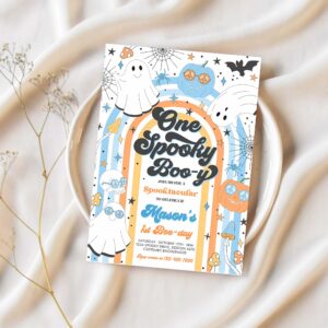 Editable one spooky boo y halloween ghost 1st birthday invitation retro groovy rainbow ghost birthday hippie halloween instant download vh 1