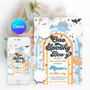 One Spooky Invitation, One Spooky Boo-y Halloween Ghost 1st Birthday Invitation Retro Groovy Rainbow Ghost Birthday Hippie Halloween