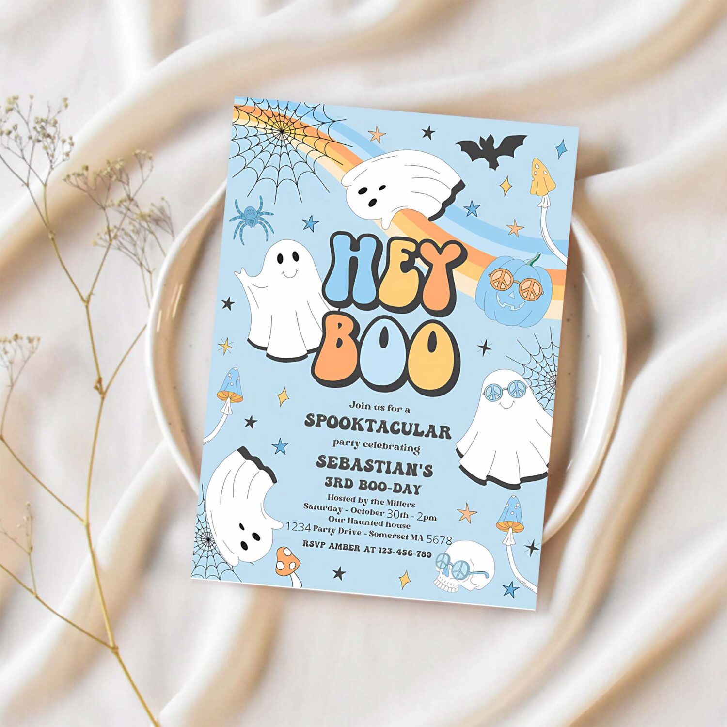 Editable one spooky boo y halloween ghost 1st invitation retro groovy ghost birthday hippie halloween party instant download vaq 1