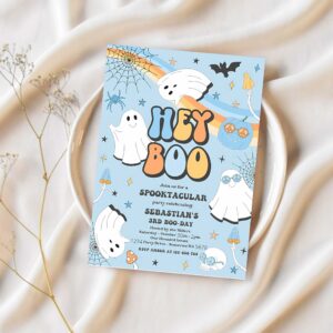 Editable one spooky boo y halloween ghost 1st invitation retro groovy ghost birthday hippie halloween party instant download vaq 1