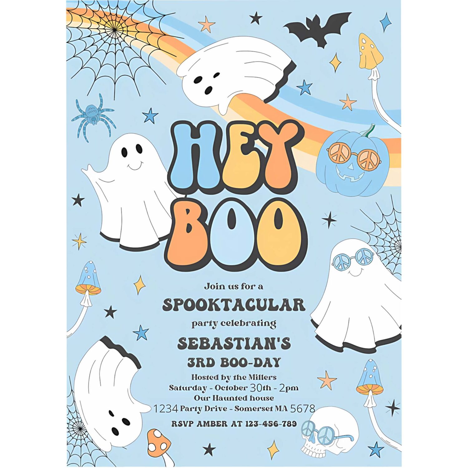 Editable one spooky boo y halloween ghost 1st invitation retro groovy ghost birthday hippie halloween party instant download vaq 4