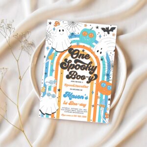 Editable one spooky boy halloween ghost 1st birthday invitation retro groovy rainbow ghost birthday hippie halloween instant download vh 1