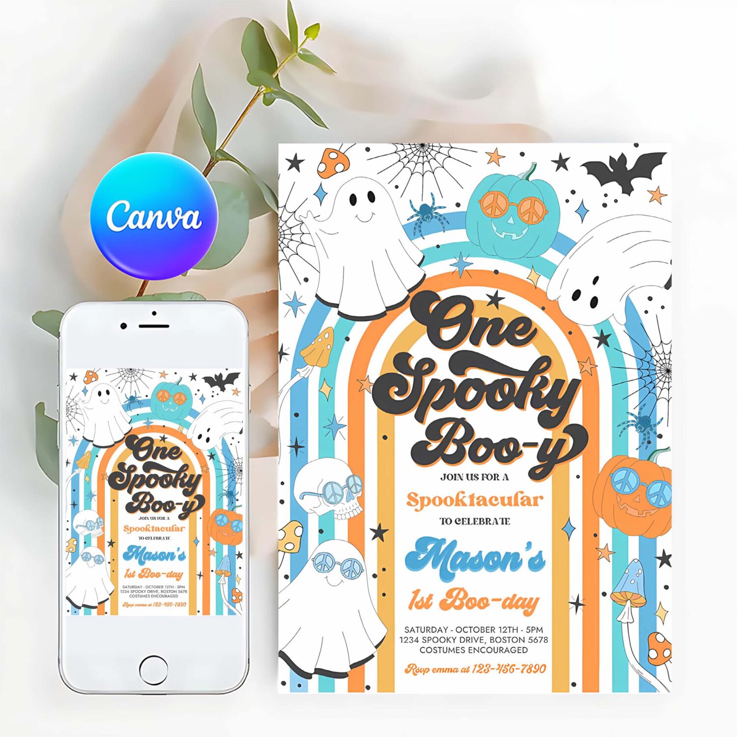 Editable one spooky boy halloween ghost 1st birthday invitation retro groovy rainbow ghost birthday hippie halloween instant download vh