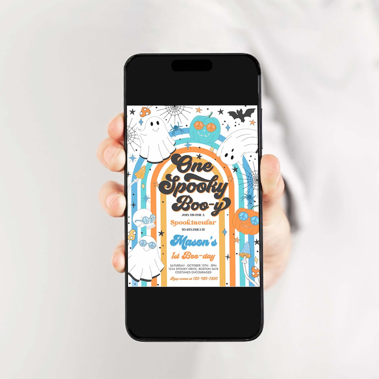 Editable one spooky boy halloween ghost 1st birthday invitation retro groovy rainbow ghost birthday hippie halloween instant download vh 2
