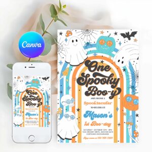 One Spooky Invitation, One Spooky Boy Halloween Ghost 1st Birthday Invitation Retro Groovy Rainbow Ghost Birthday Hippie Halloween