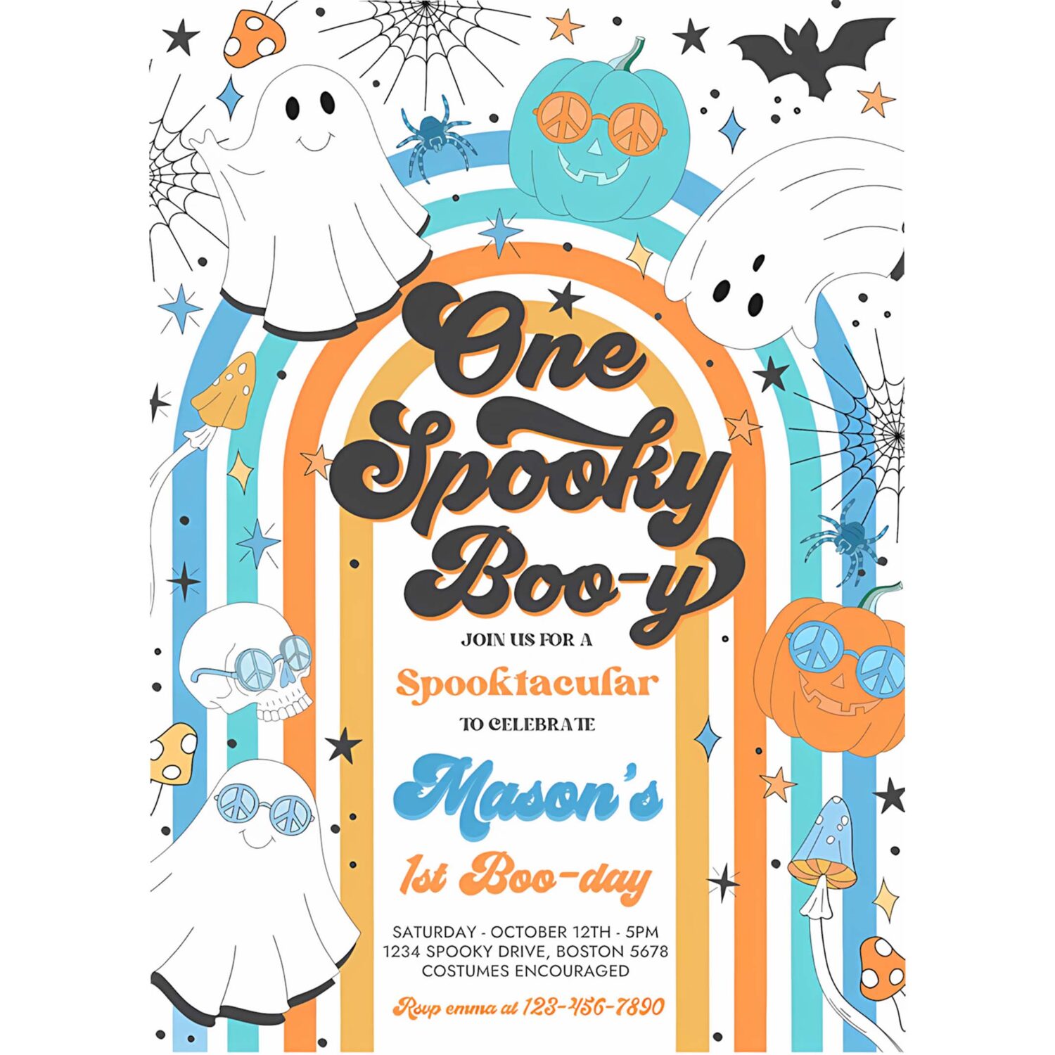Editable one spooky boy halloween ghost 1st birthday invitation retro groovy rainbow ghost birthday hippie halloween instant download vh 4