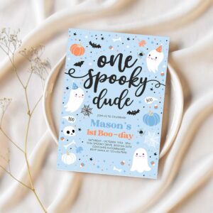Editable one spooky dude cute blue ghost 1st birthday party invitation cute boy ghost 1st birthday spooktacular party instant download dw 1