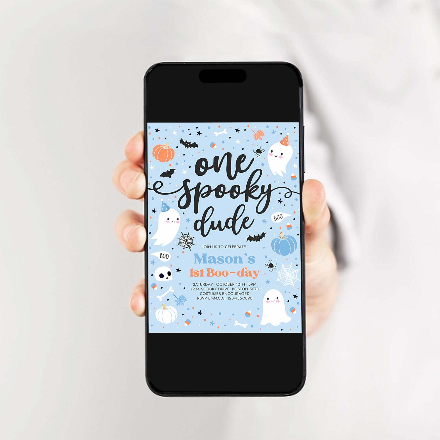 Editable one spooky dude cute blue ghost 1st birthday party invitation cute boy ghost 1st birthday spooktacular party instant download dw 2