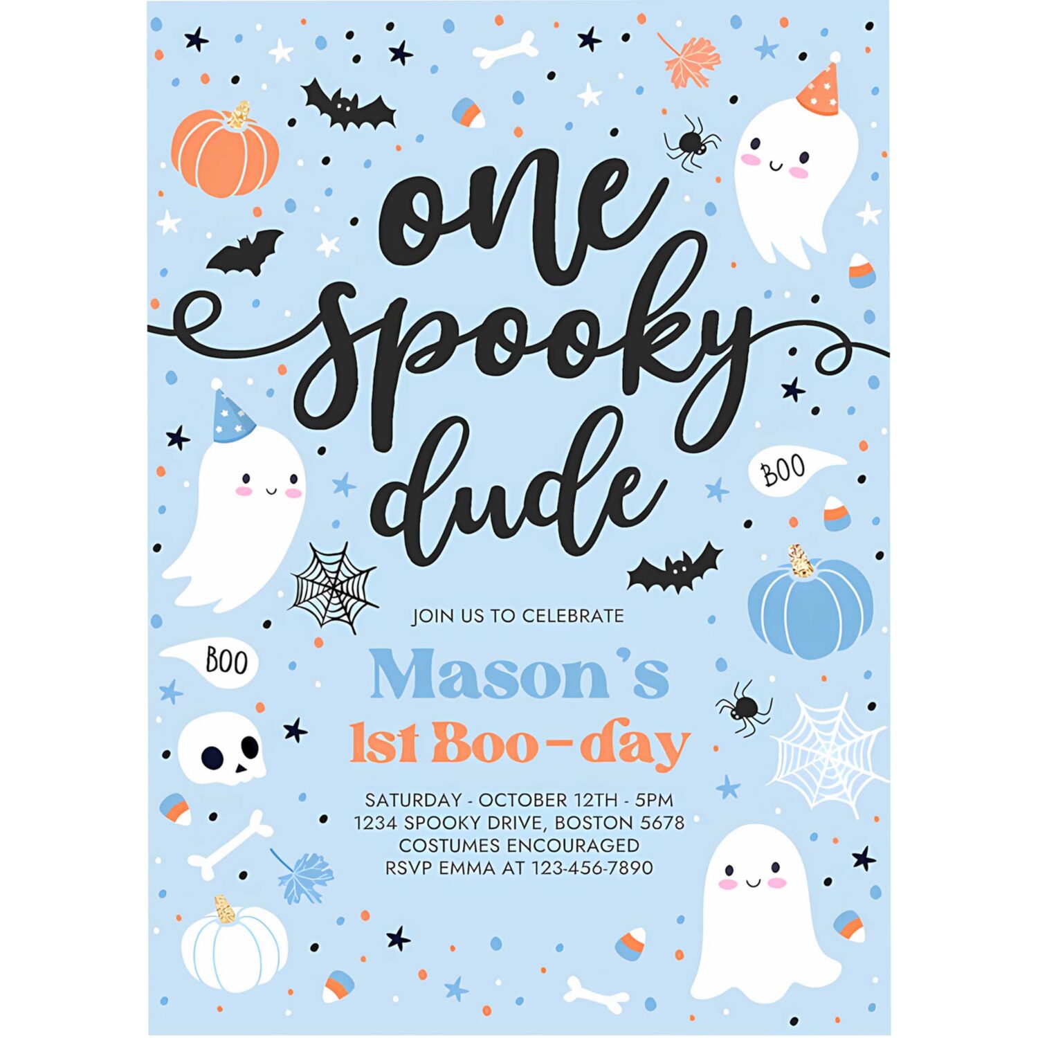 Editable one spooky dude cute blue ghost 1st birthday party invitation cute boy ghost 1st birthday spooktacular party instant download dw 4