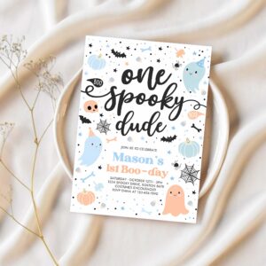 Editable one spooky dude cute blue ghost 1st party invitation cute boy ghost 1st birthday spooktacular party instant download dw 1