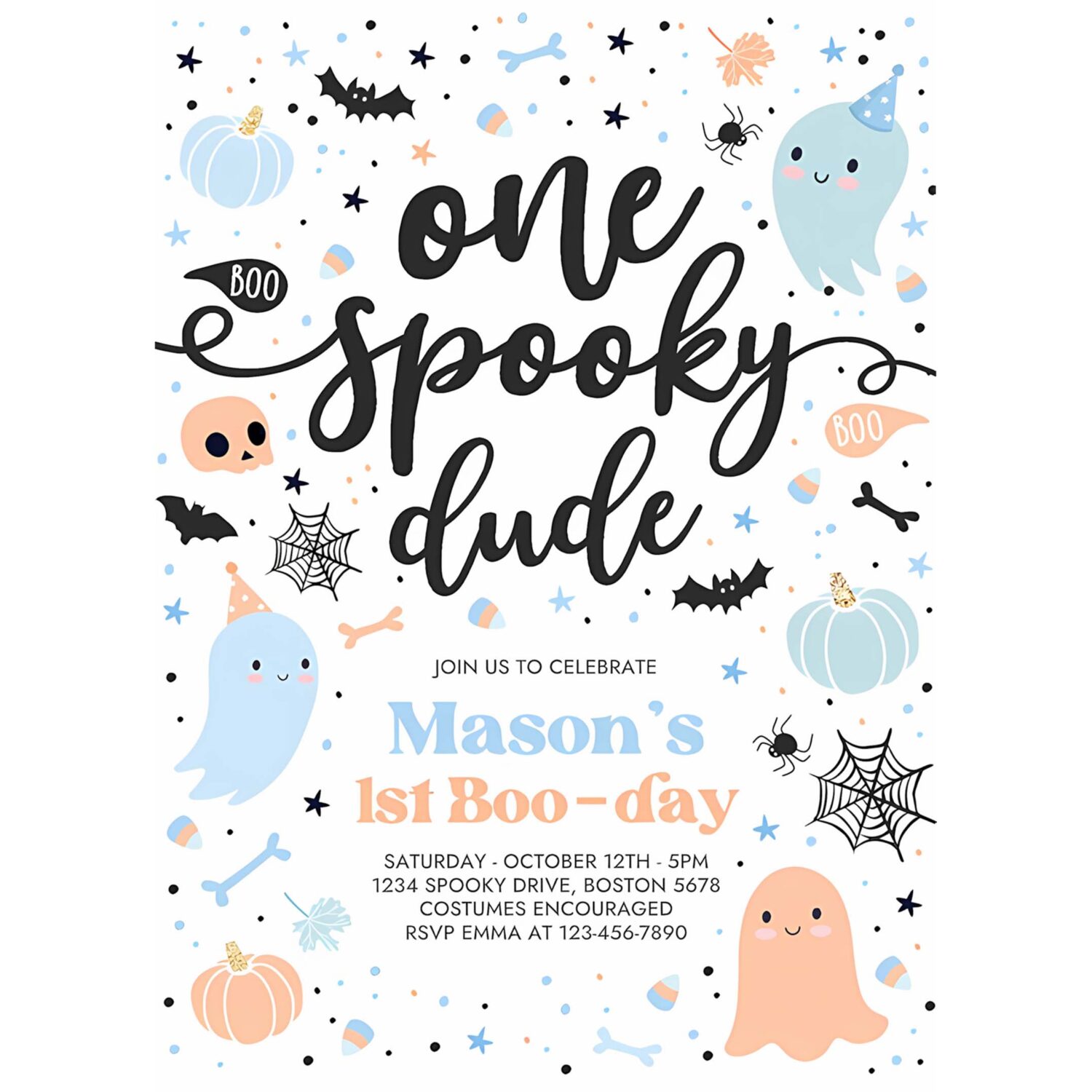 Editable one spooky dude cute blue ghost 1st party invitation cute boy ghost 1st birthday spooktacular party instant download dw 4
