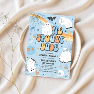 Editable one spooky dude halloween ghost 1st birthday invitation retro groovy ghost birthday hippie halloween party instant download v1 1