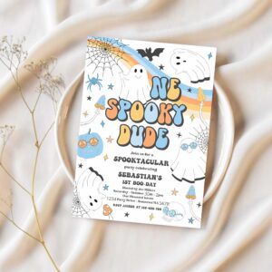 Editable one spooky dude halloween ghost 1st birthday invitation retro groovy ghost birthday hippie halloween party instant download vaq 1