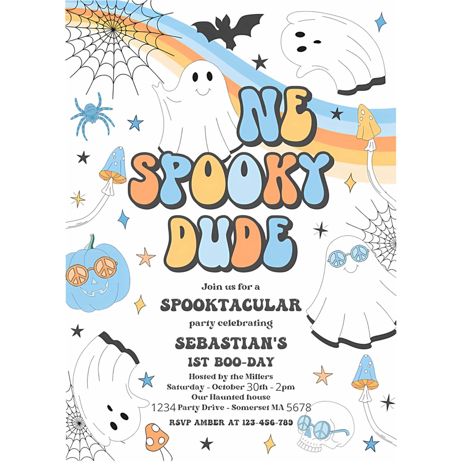 Editable one spooky dude halloween ghost 1st birthday invitation retro groovy ghost birthday hippie halloween party instant download vaq 4