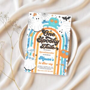 Editable one spooky dude halloween ghost 1st birthday invitation retro groovy rainbow ghost birthday hippie halloween instant download vh 1