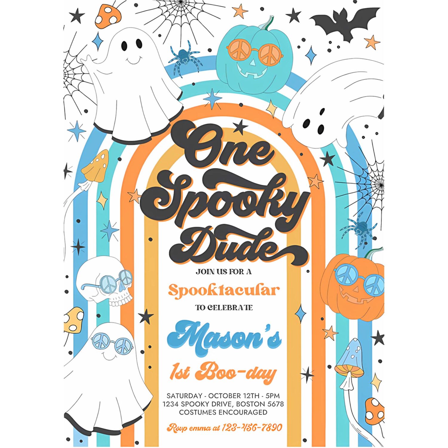 Editable one spooky dude halloween ghost 1st birthday invitation retro groovy rainbow ghost birthday hippie halloween instant download vh 4