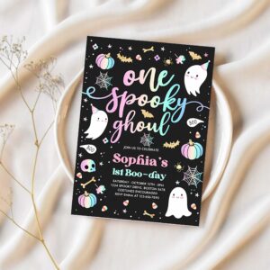 Editable one spooky ghoul cute pink ghost 1st birthday party invitation cute pink ghost 1st birthday spooktacular party instant download dq 1