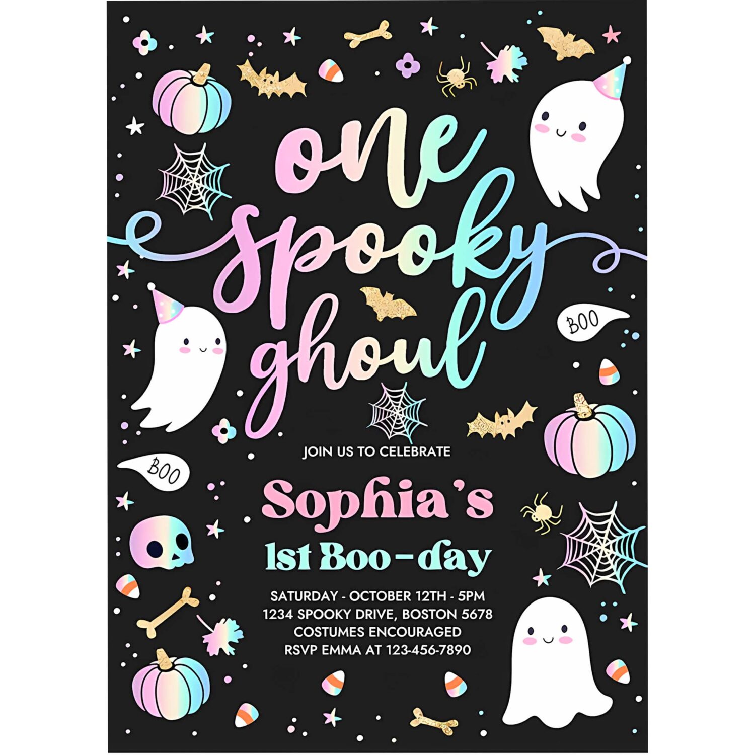 Editable one spooky ghoul cute pink ghost 1st birthday party invitation cute pink ghost 1st birthday spooktacular party instant download dq 4