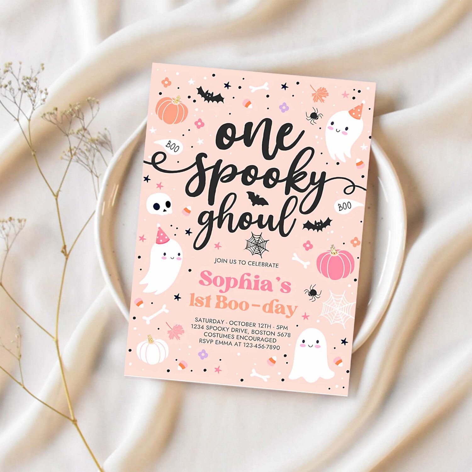Editable one spooky ghoul cute pink ghost 1st birthday party invitation cute pink ghost 1st birthday spooktacular party instant download ds 1