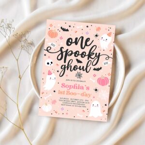 Editable one spooky ghoul cute pink ghost 1st birthday party invitation cute pink ghost 1st birthday spooktacular party instant download ds 1