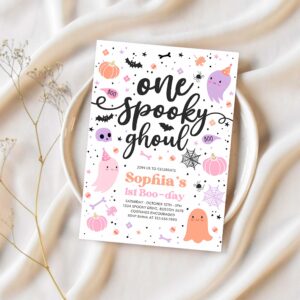 Editable one spooky ghoul cute pink ghost 1st birthday party invitation cute pink ghost 1st birthday spooktacular party instant download f6 1