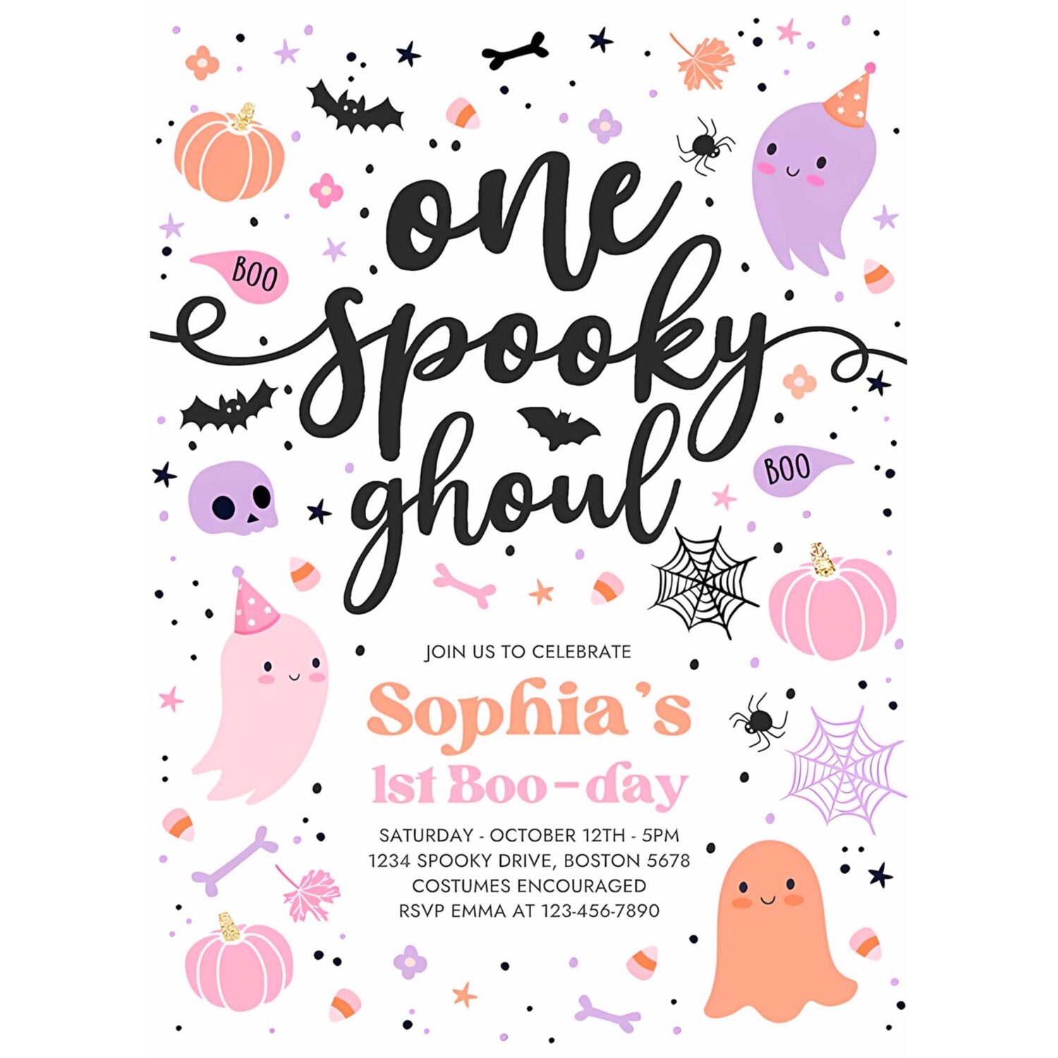 Editable one spooky ghoul cute pink ghost 1st birthday party invitation cute pink ghost 1st birthday spooktacular party instant download f6 4