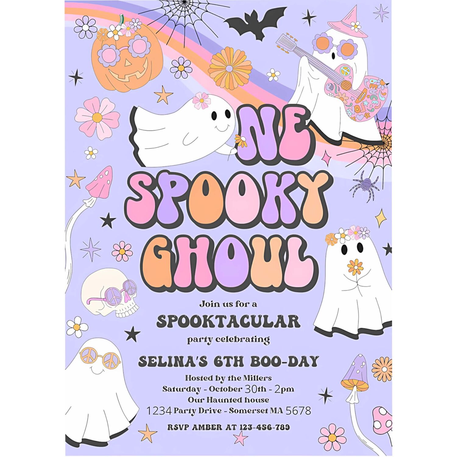 Editable one spooky ghoul halloween ghost 1st birthday invitation retro groovy rainbow ghost birthday hippie halloween instant download v7 4