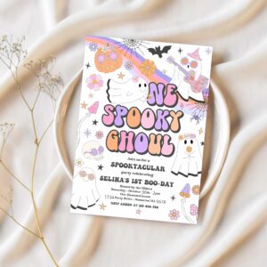 Editable one spooky ghoul halloween ghost 1st birthday invitation retro groovy rainbow ghost birthday hippie halloween instant download v9 1
