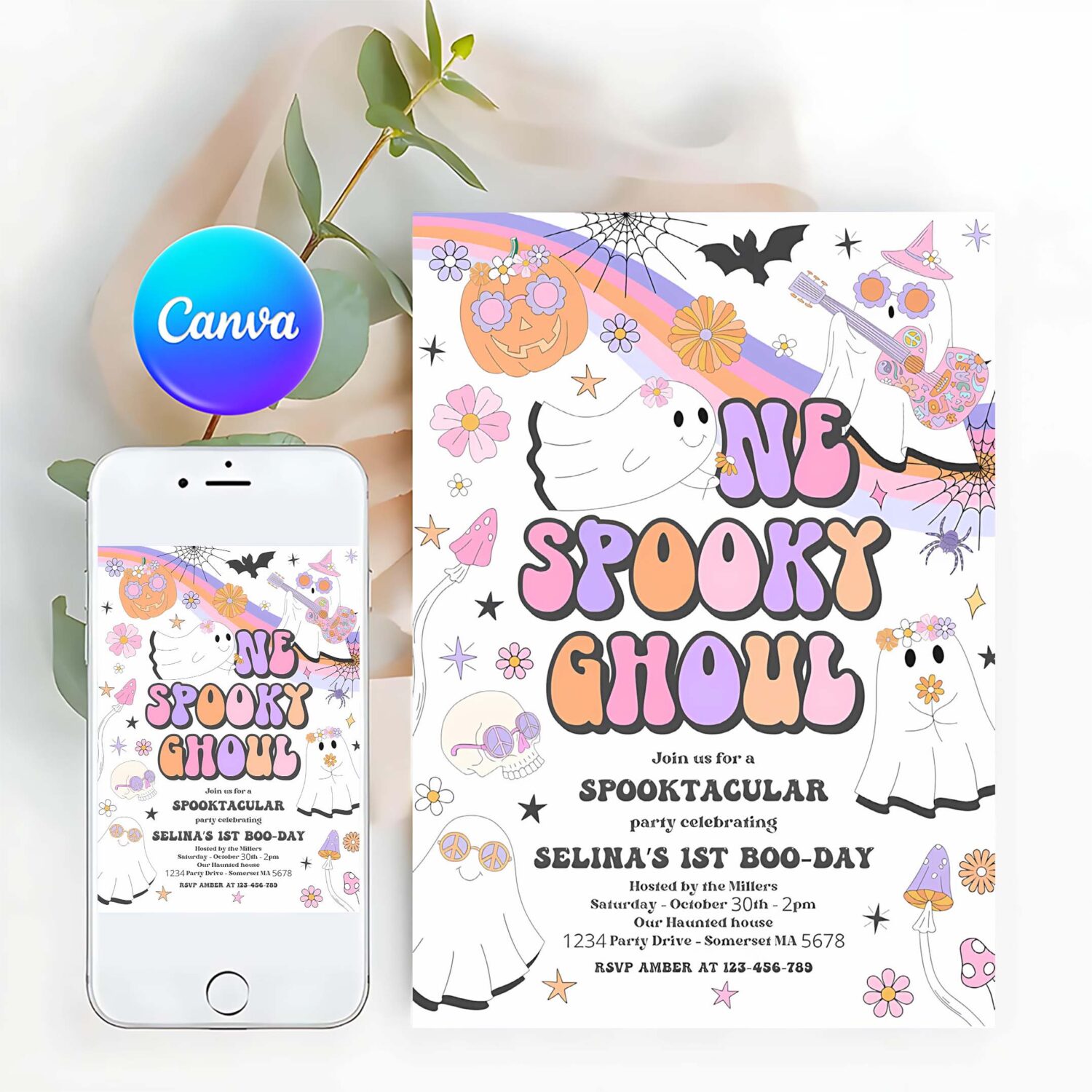 Editable one spooky ghoul halloween ghost 1st birthday invitation retro groovy rainbow ghost birthday hippie halloween instant download v9