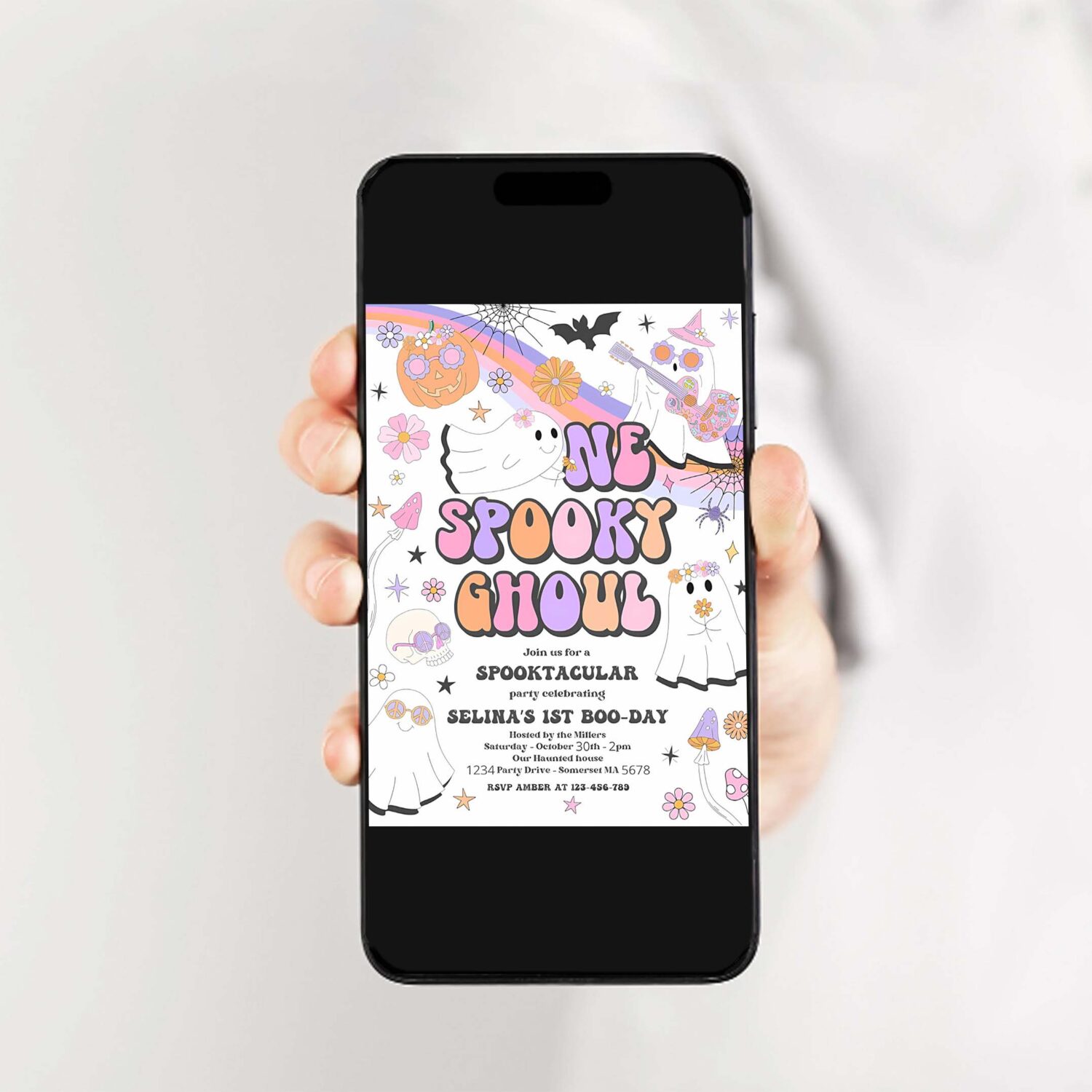Editable one spooky ghoul halloween ghost 1st birthday invitation retro groovy rainbow ghost birthday hippie halloween instant download v9 2