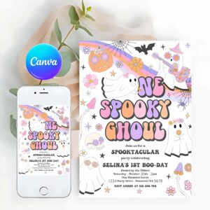 One Spooky Invitation, One Spooky Ghoul Halloween Ghost 1st Birthday Invitation Retro Groovy Rainbow Ghost Birthday Hippie Halloween