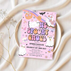 Editable one spooky ghoul halloween ghost 1st birthday invitation retro groovy rainbow ghost birthday hippie halloween instant download vu 1