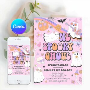 Spooky One Invitation, One Spooky Ghoul Halloween Ghost 1st Birthday Invitation Retro Groovy Rainbow Ghost Birthday Hippie Halloween